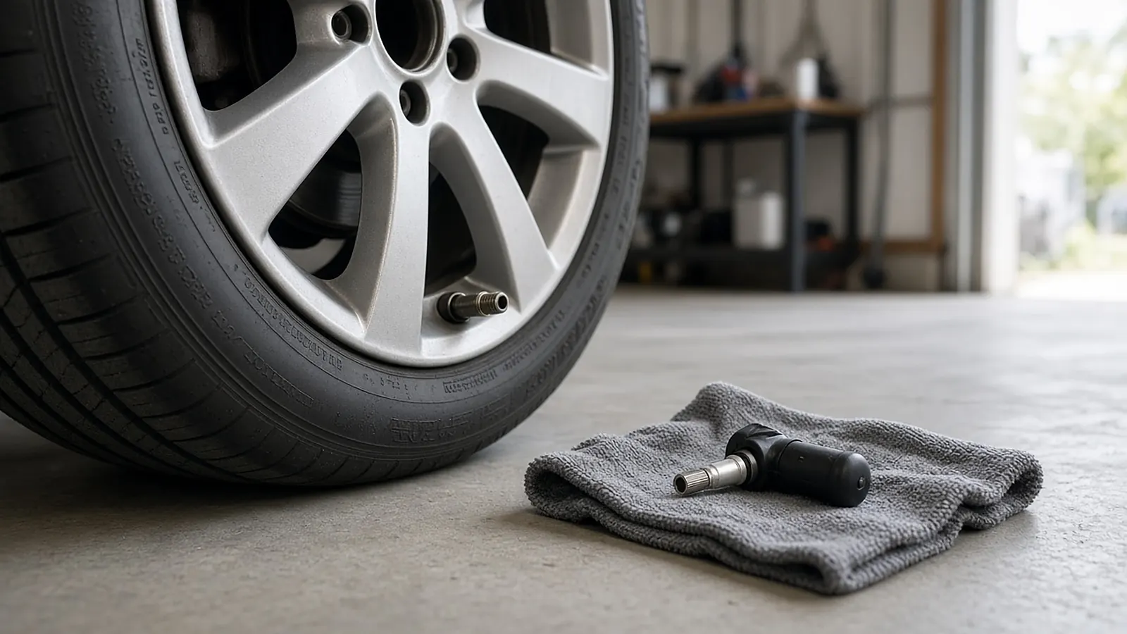 A car wheel in a home garage with a small tire pressure sensor and metal valve stem resting on a grey towel