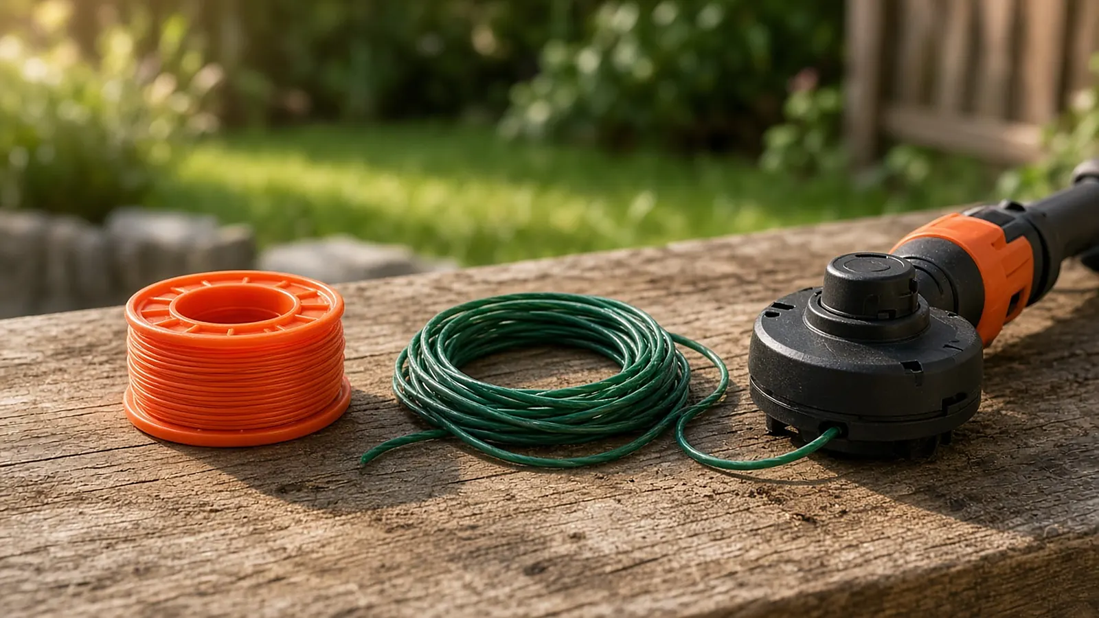 An orange spool of round trimmer line and a coil of green line on a wooden bench next to a string trimmer head, with a lawn blurred behind