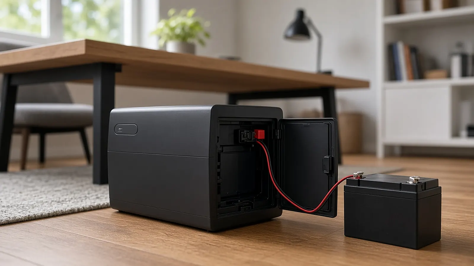 Small desktop UPS battery backup unit with power outlets on top, next to a sealed lead-acid replacement battery