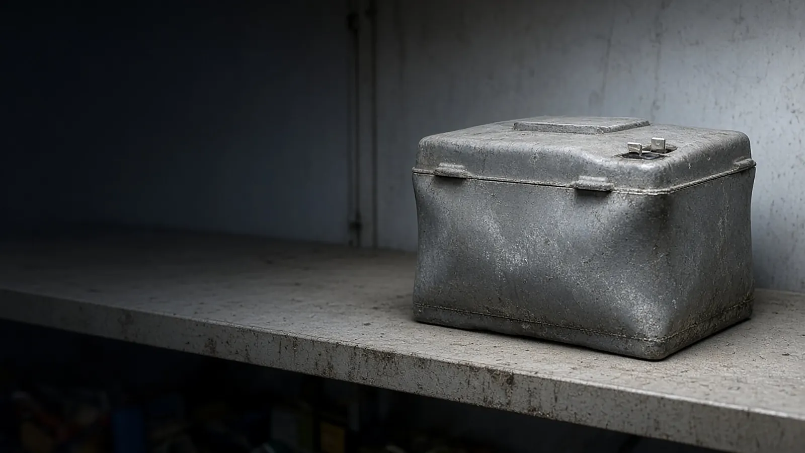 Old, swollen and dusty sealed battery block sitting on a worn workshop shelf