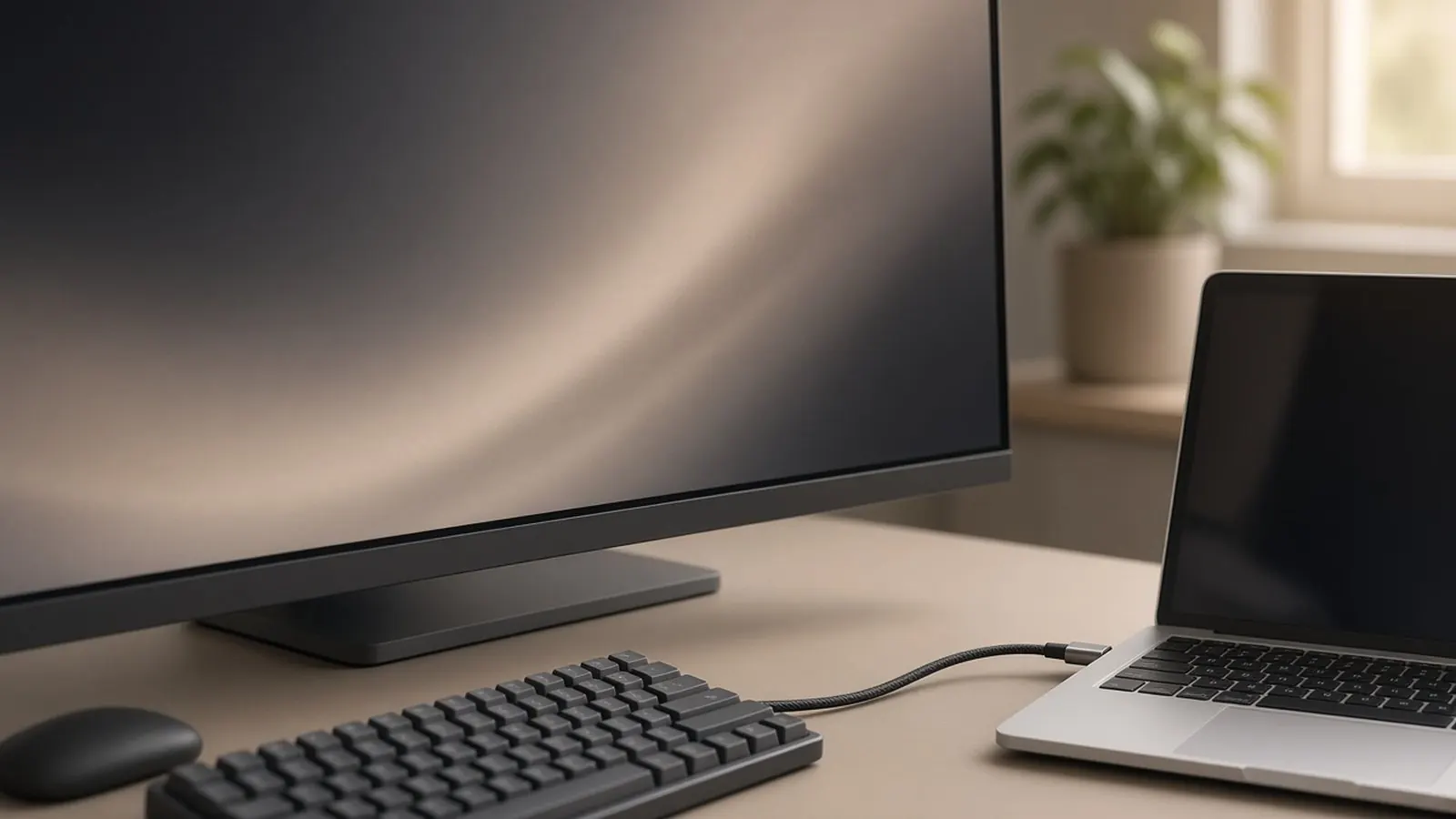 Silver laptop on a minimalist desk connected to an ultrawide monitor with a single braided black USB-C cable