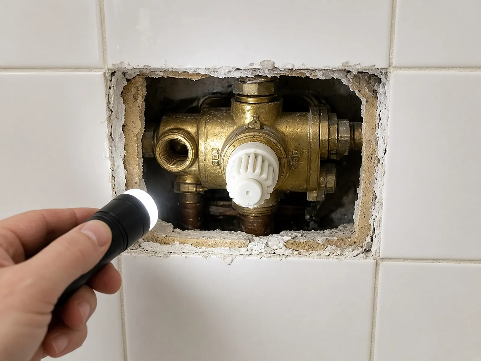 Flashlight shining into an opening in a tiled shower wall, showing the brass valve body and white cartridge stem