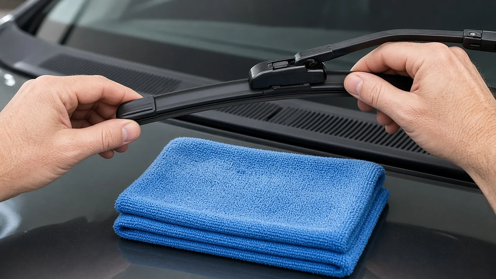 Two hands clicking a black beam wiper blade onto a metal wiper arm with a folded blue microfiber towel resting on the windshield glass underneath